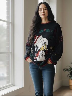 Vintage Black Crewneck Snoopy Holiday Graphic Sweater